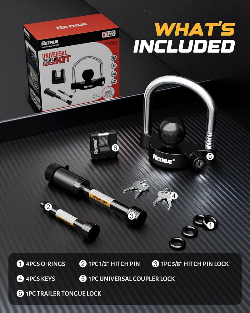RETRUE Keyed Alike Trailer Lock Set Tow & Store Lock Kit Include Universal Coupler Lock & Dual Hitch Receiver Pin Lock & Trailer Tongue Lock, Black - Image 2
